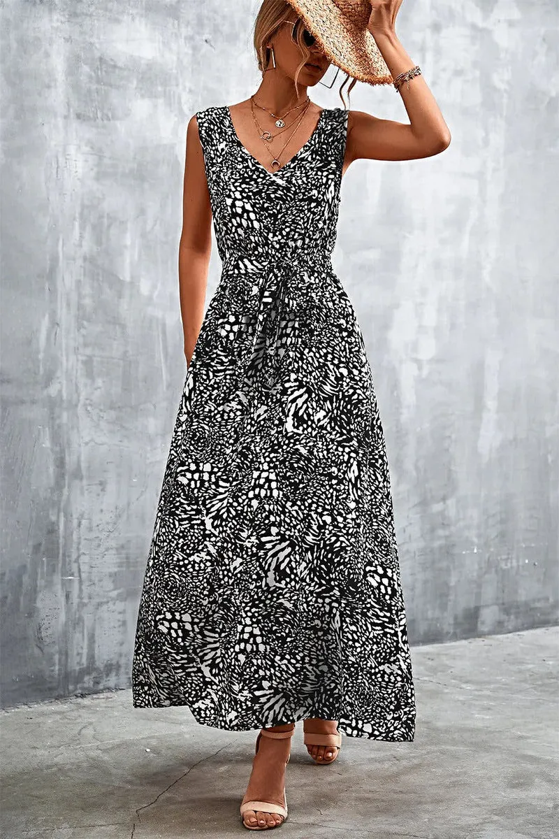 Chique maxi-jurk met V-hals, strikceintuur en zakken - Trendsi collectie