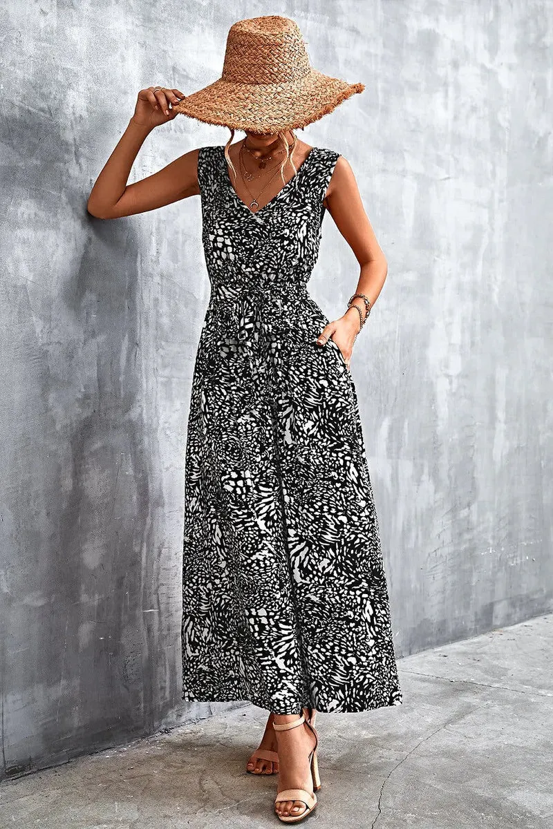 Chique maxi-jurk met V-hals, strikceintuur en zakken - Trendsi collectie
