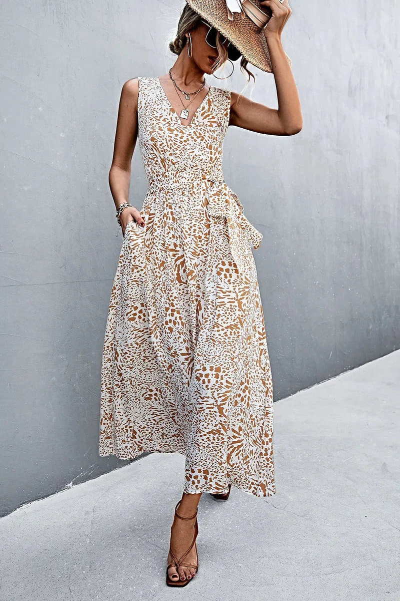 Chique maxi-jurk met V-hals, strikceintuur en zakken - Trendsi collectie