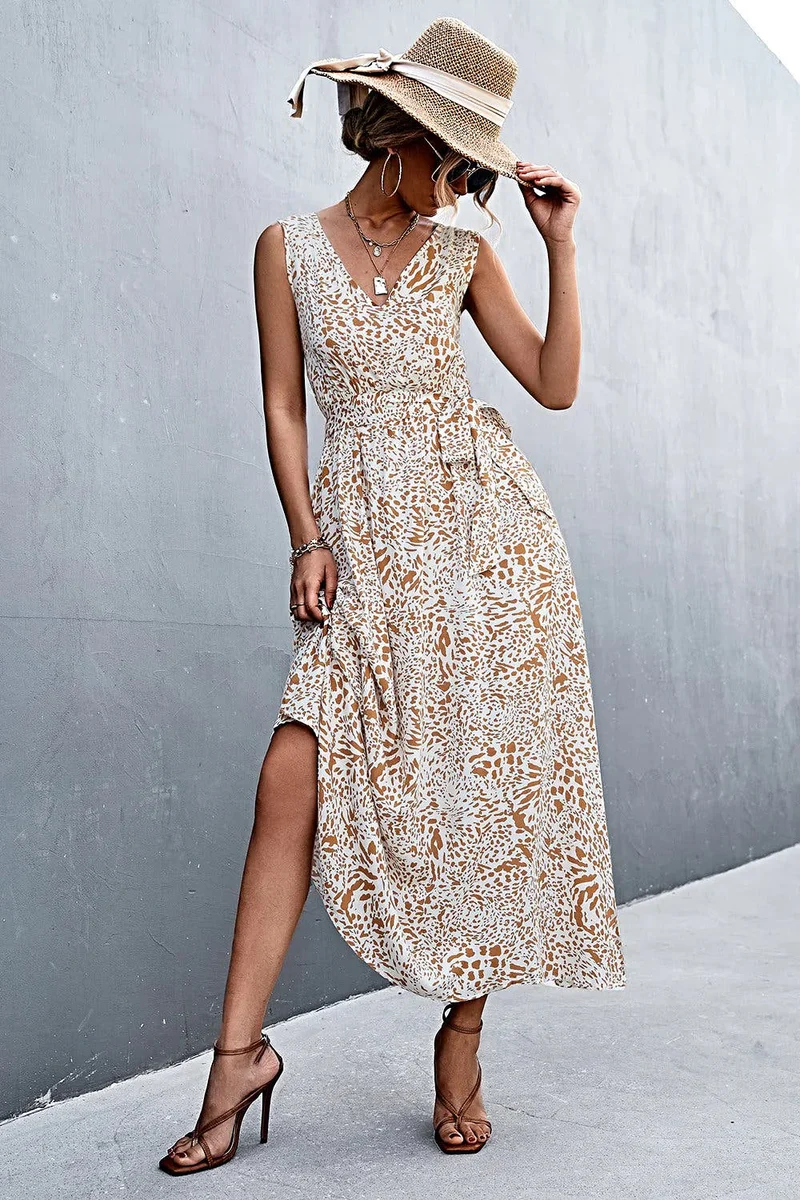 Chique maxi-jurk met V-hals, strikceintuur en zakken - Trendsi collectie
