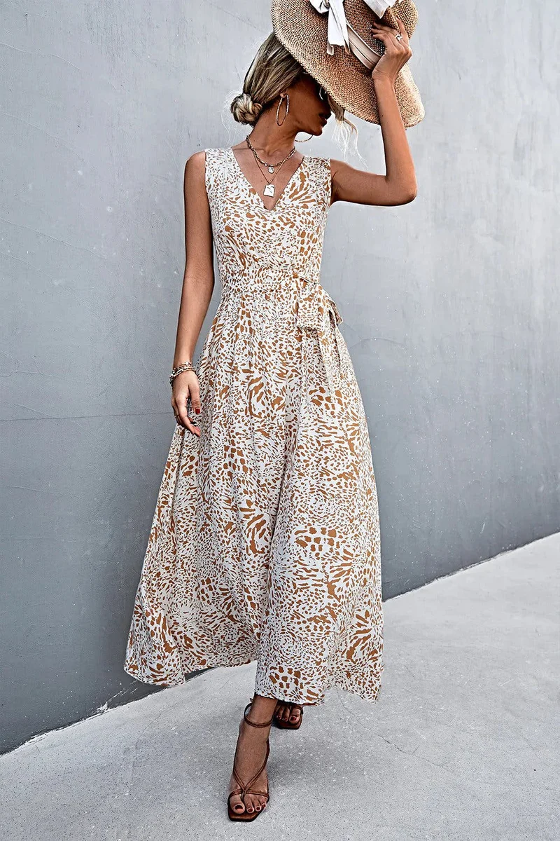 Chique maxi-jurk met V-hals, strikceintuur en zakken - Trendsi collectie
