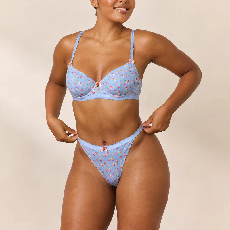 Rosebud Ribbed Balcony BH - Blauwe Bloemenprint