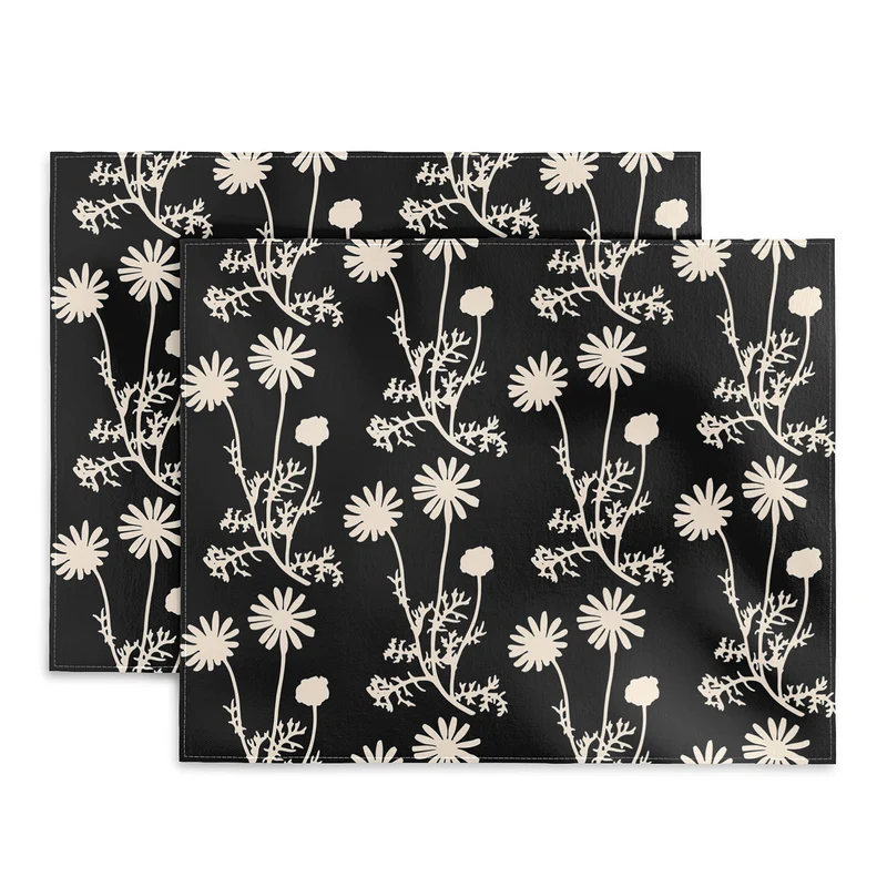 Dark Floral Botanical Wild Daisies Pattern in Black and Almond Cream Placemat