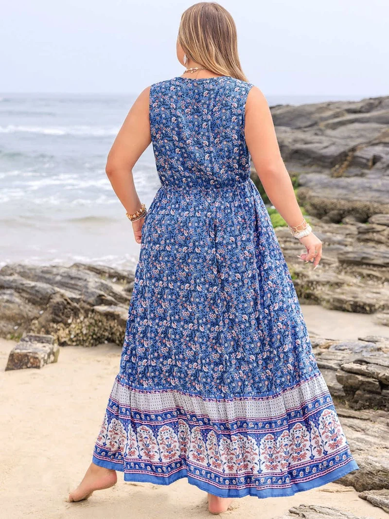 Plus Size Geknoopte Bedrukte Mouwloze Maxi-jurk