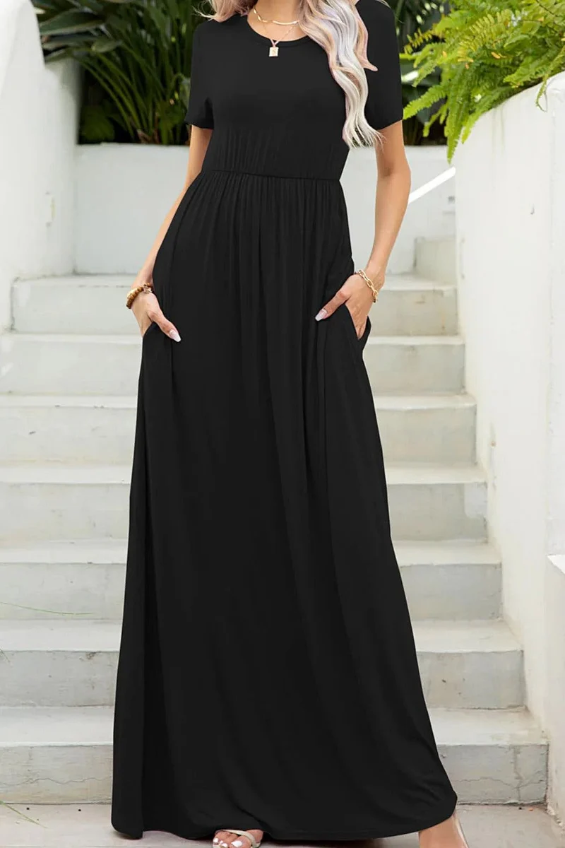 Luxe maxi-jurk met ronde hals en zakken, zeer elastische casual jurk in effen kleuren.