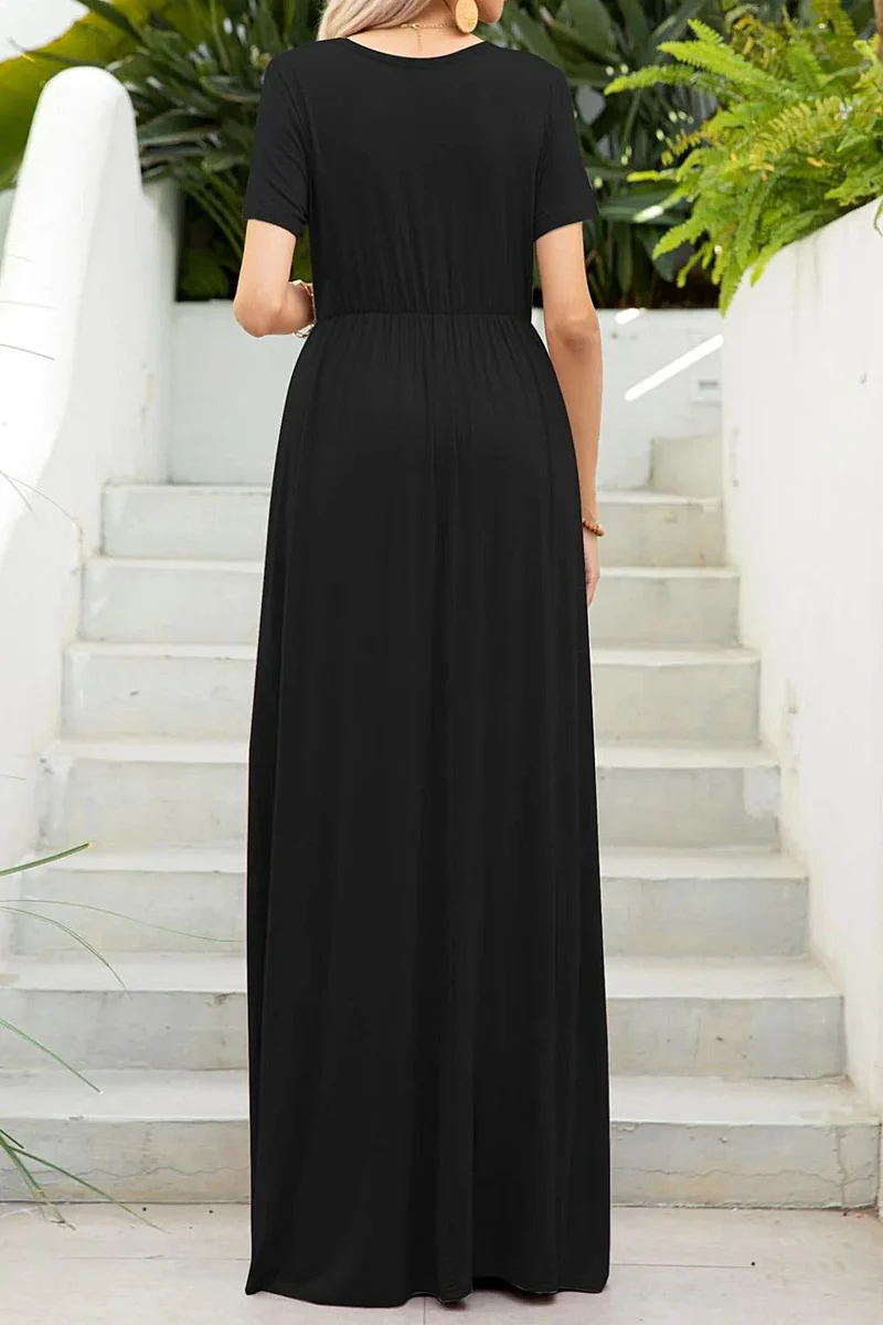 Luxe maxi-jurk met ronde hals en zakken, zeer elastische casual jurk in effen kleuren.