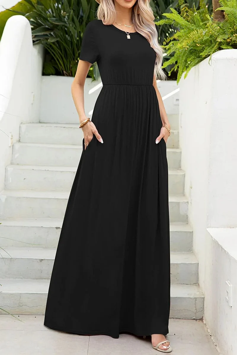 Luxe maxi-jurk met ronde hals en zakken, zeer elastische casual jurk in effen kleuren.