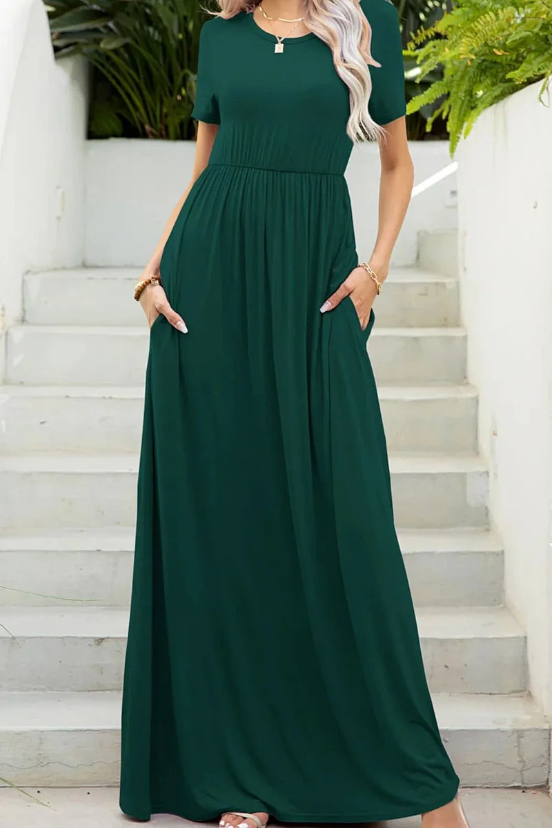 Luxe maxi-jurk met ronde hals en zakken, zeer elastische casual jurk in effen kleuren.
