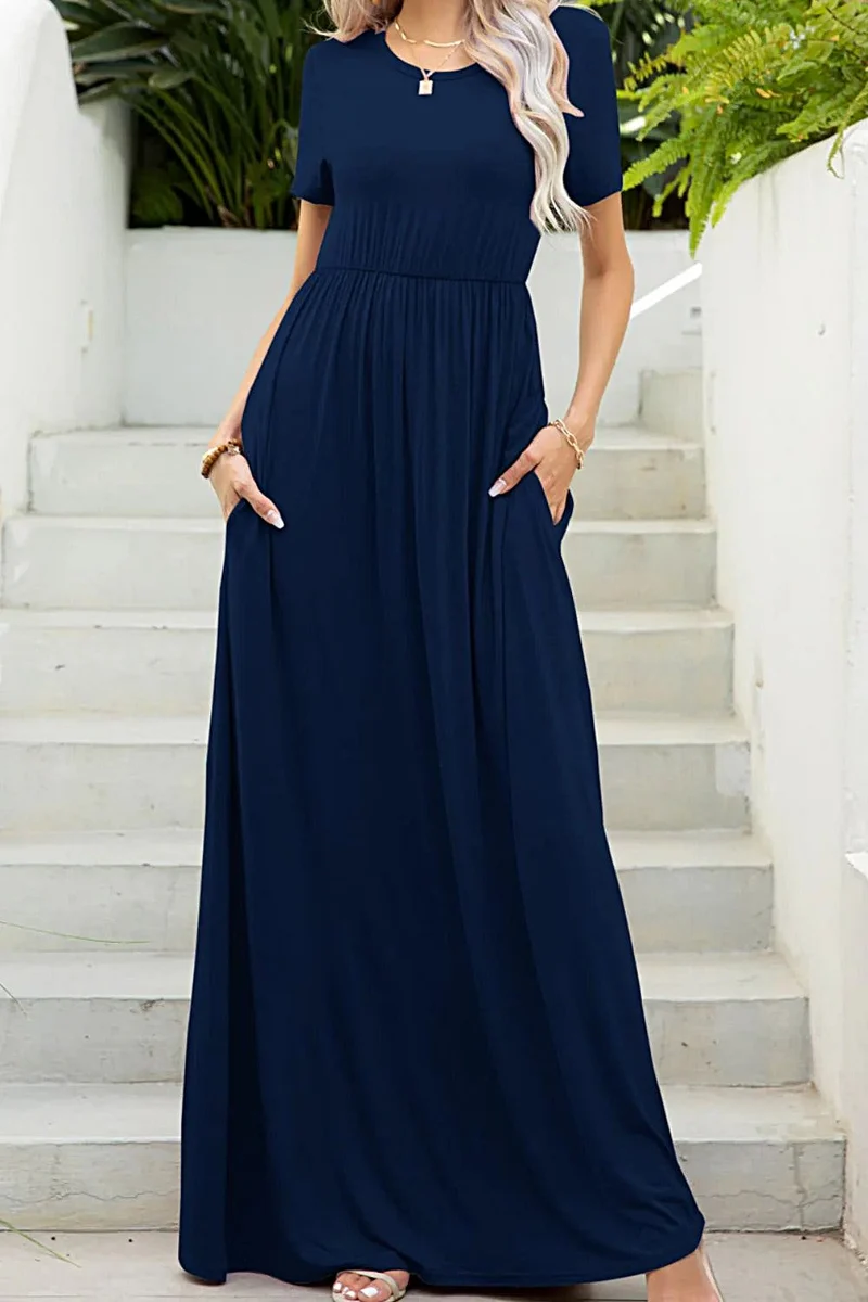 Luxe maxi-jurk met ronde hals en zakken, zeer elastische casual jurk in effen kleuren.