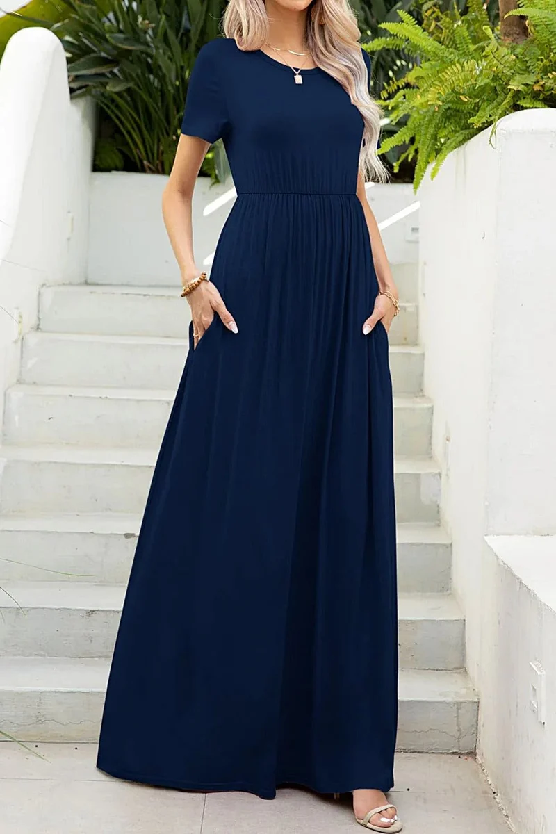 Luxe maxi-jurk met ronde hals en zakken, zeer elastische casual jurk in effen kleuren.