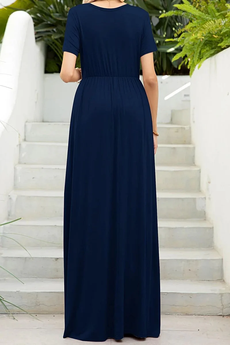 Luxe maxi-jurk met ronde hals en zakken, zeer elastische casual jurk in effen kleuren.