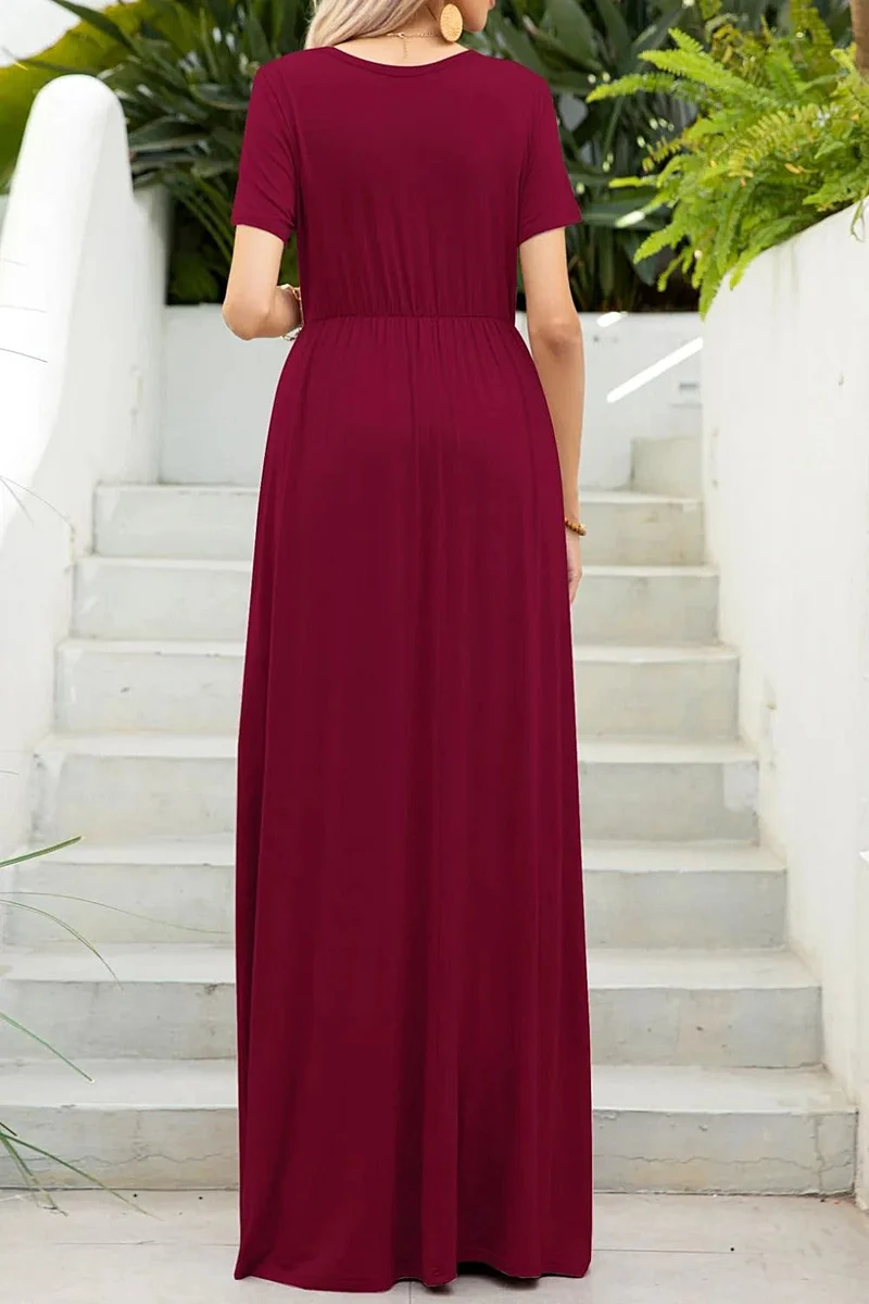 Luxe maxi-jurk met ronde hals en zakken, zeer elastische casual jurk in effen kleuren.