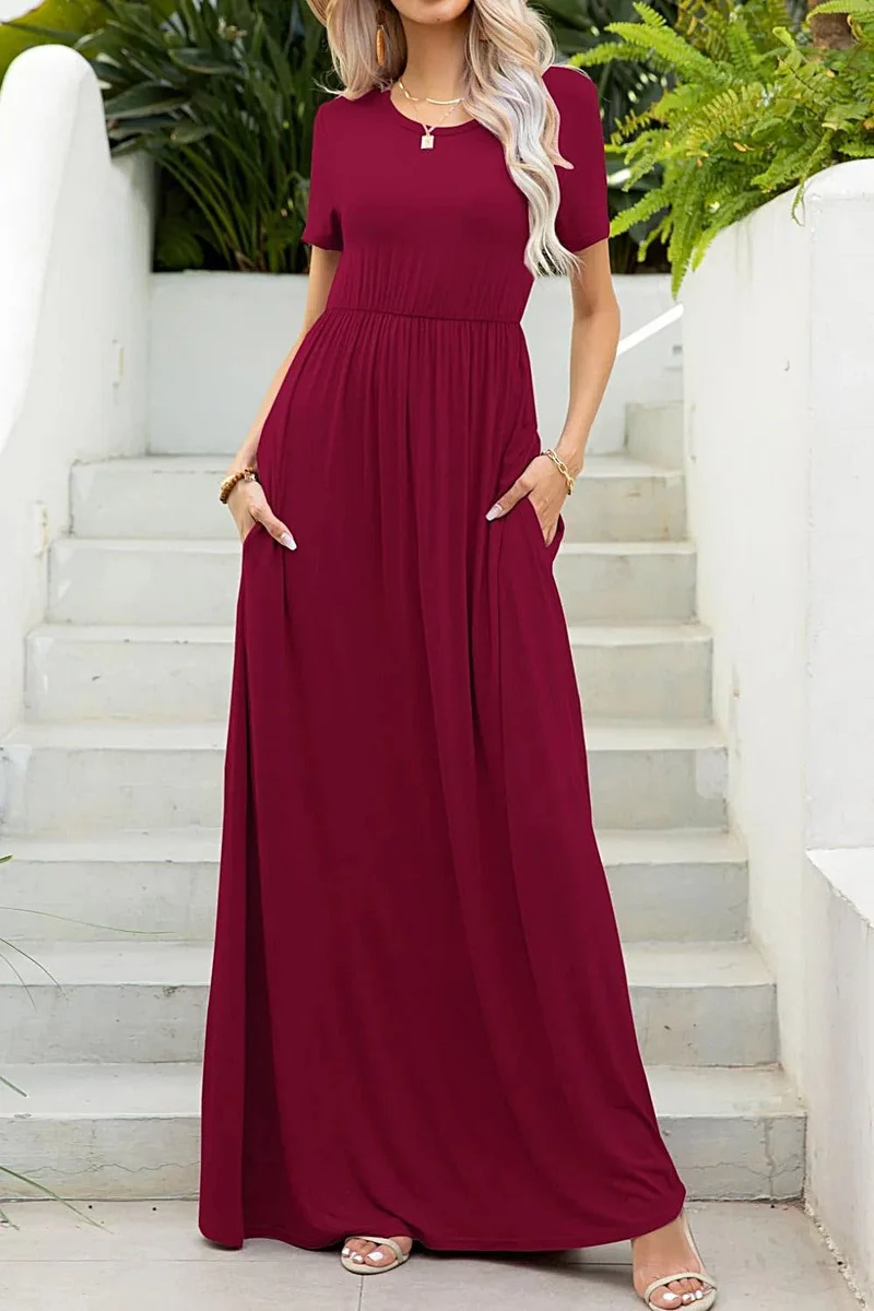 Luxe maxi-jurk met ronde hals en zakken, zeer elastische casual jurk in effen kleuren.
