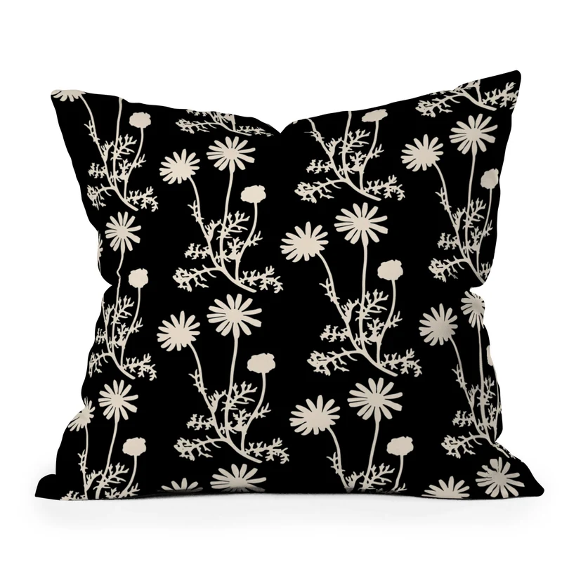 Dark Floral Botanical Wild Daisies Pattern in Black and Almond Cream Throw Pillow