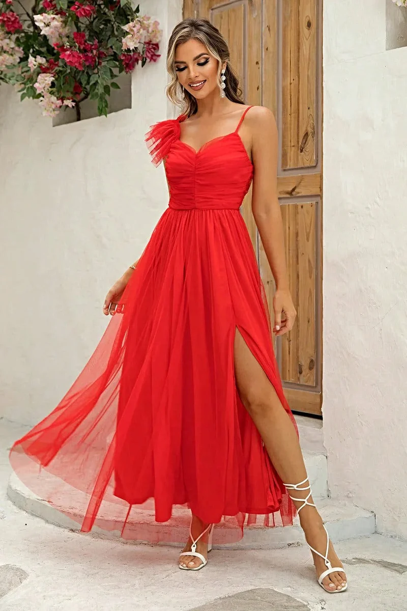 Elegante asymmetrische jurk voor dames met plooien en split - 100% polyester