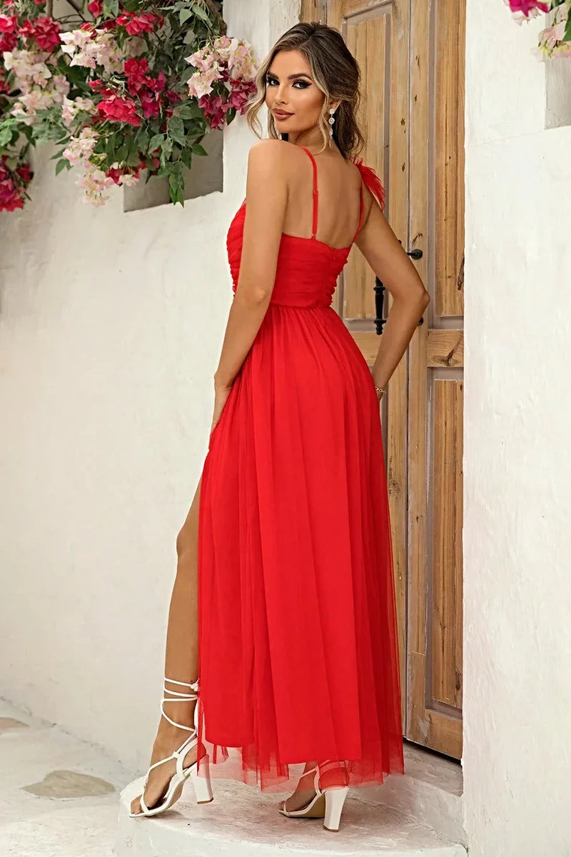 Elegante asymmetrische jurk voor dames met plooien en split - 100% polyester