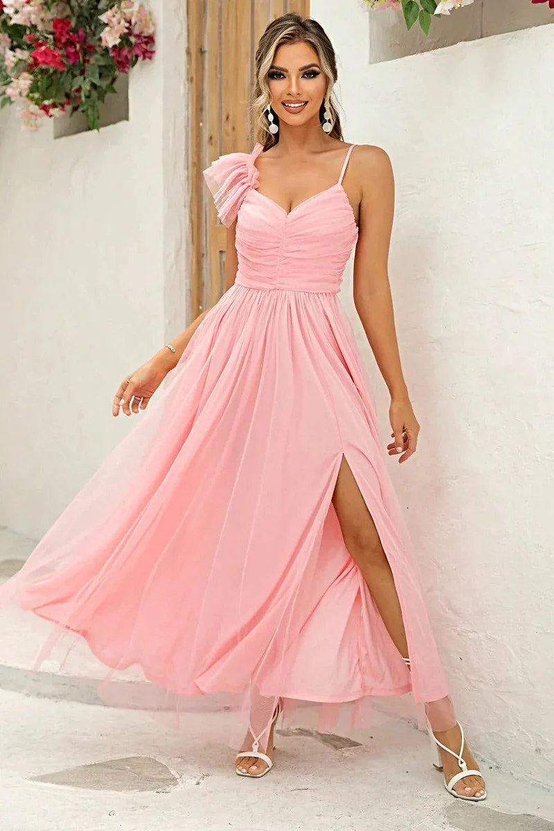 Elegante asymmetrische jurk voor dames met plooien en split - 100% polyester