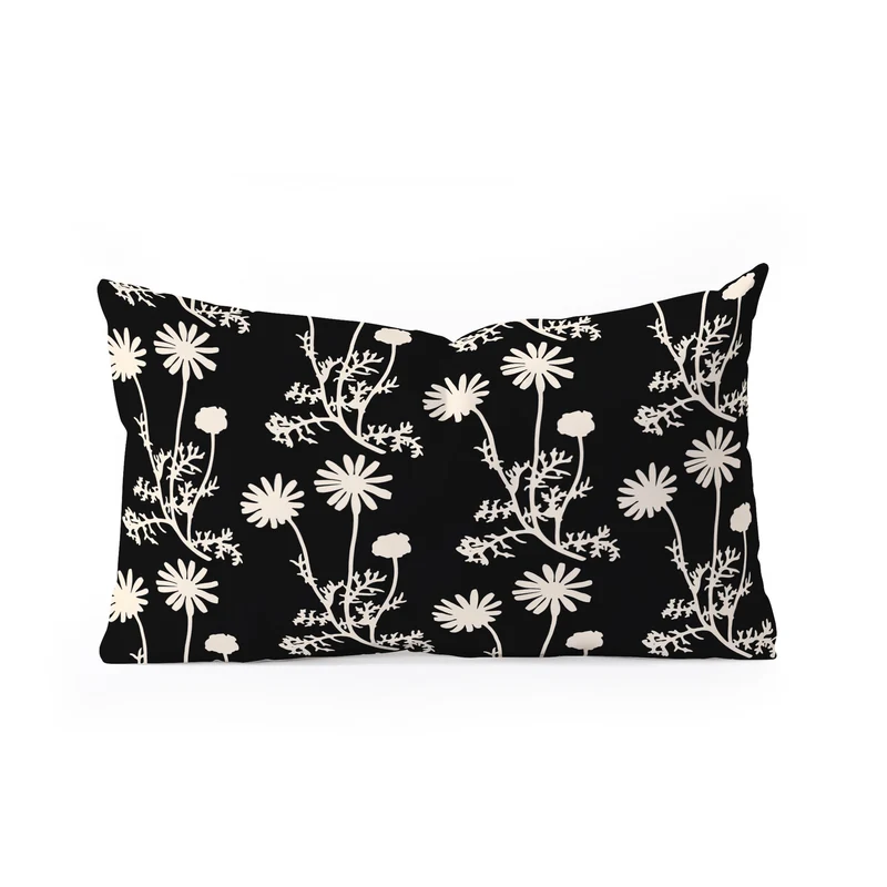 Dark Floral Botanical Wild Daisies Pattern in Black and Almond Cream Rectangular Pillow