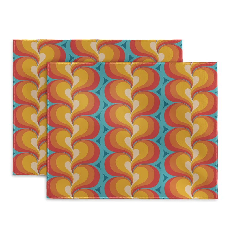 Orange Red and Turquoise Swirly Geometric Curves Placemat
