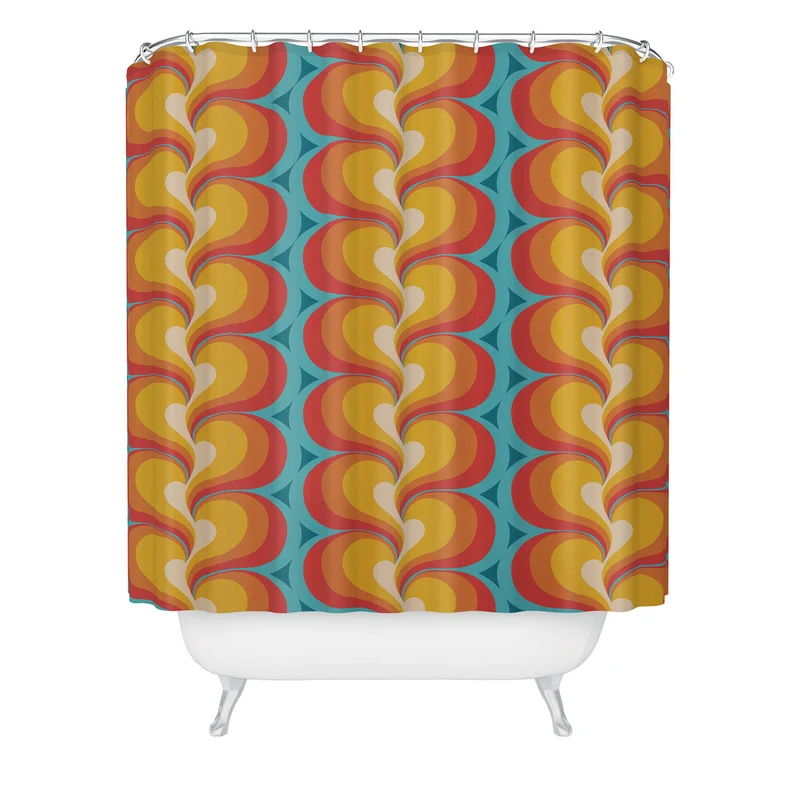 Orange Red and Turquoise Swirly Geometric Curves Shower Curtain