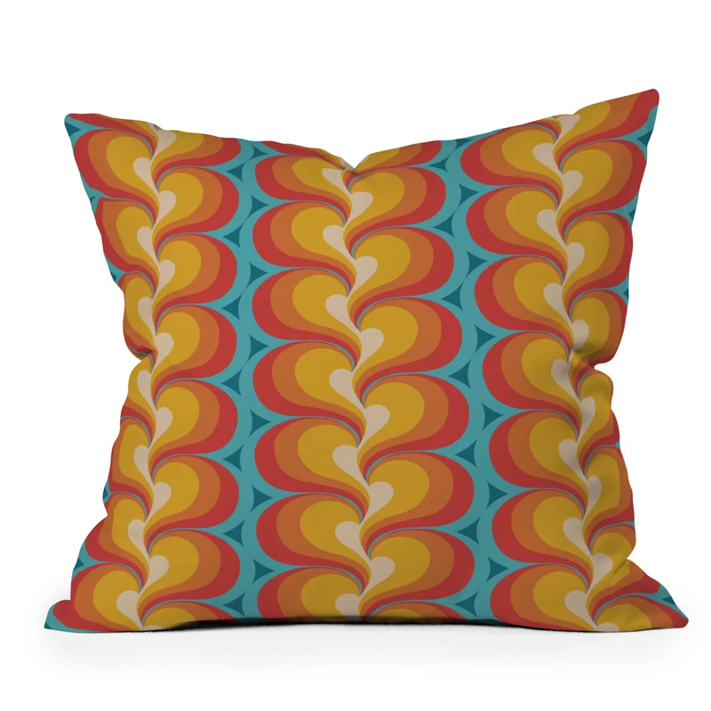 Orange Red and Turquoise Swirly Geometric Curves Throw Pillow