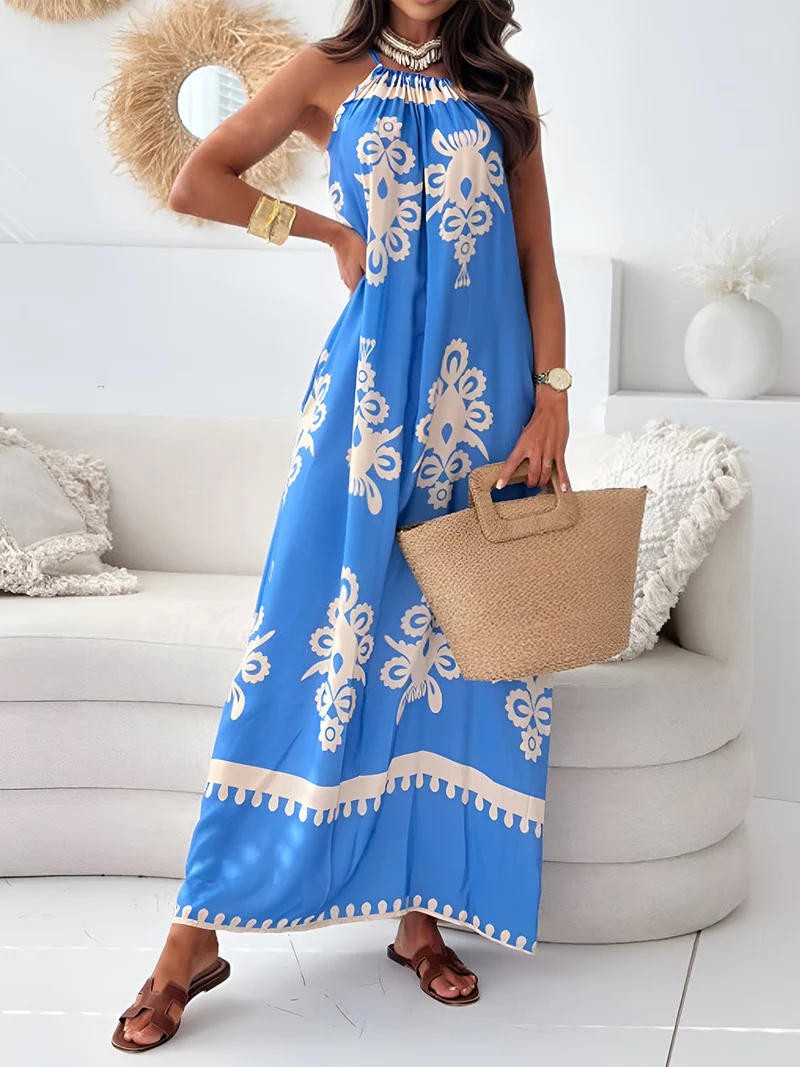 Elegante maxi-jurk met print en spaghettibandjes, zonder mouwen - de perfecte maxi-jurk voor de zomer.