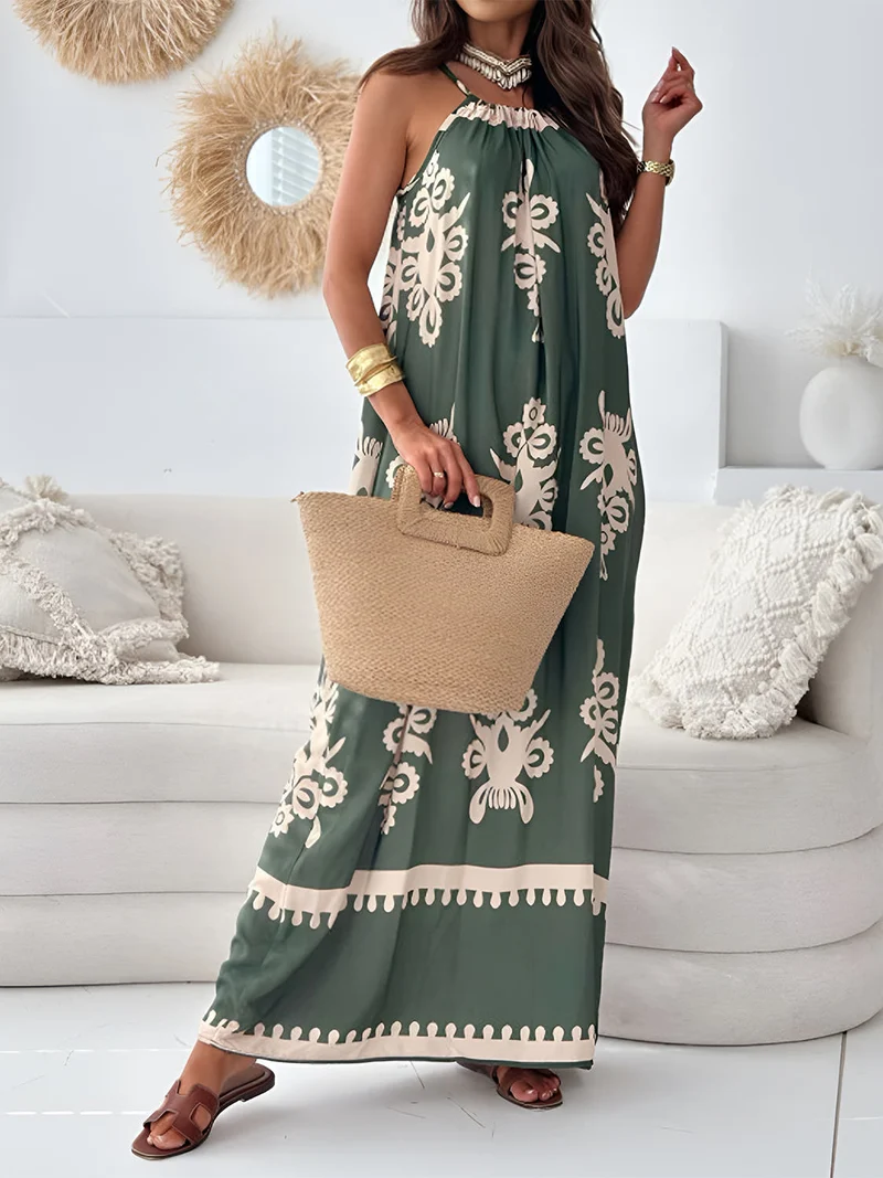 Elegante maxi-jurk met print en spaghettibandjes, zonder mouwen - de perfecte maxi-jurk voor de zomer.