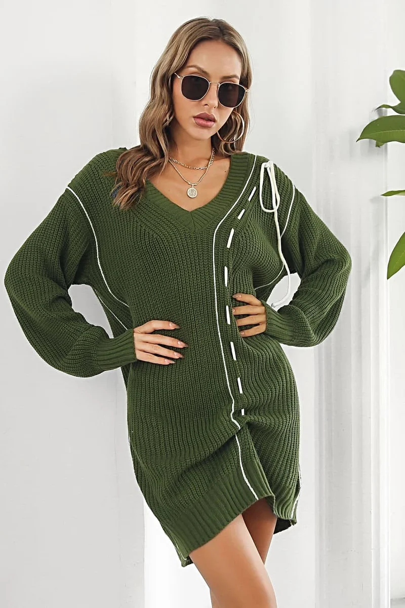 Elegante trui-jurk met V-hals en lange mouwen met ribbels - Casual minilengte, gemaakt van 100% acryl.