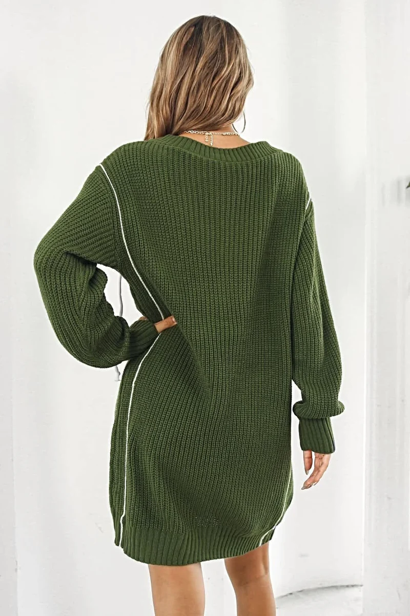 Elegante trui-jurk met V-hals en lange mouwen met ribbels - Casual minilengte, gemaakt van 100% acryl.