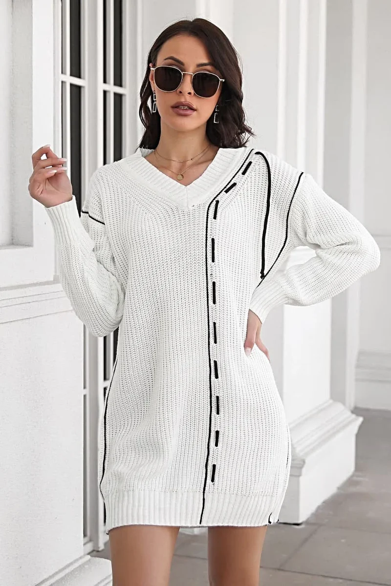 Elegante trui-jurk met V-hals en lange mouwen met ribbels - Casual minilengte, gemaakt van 100% acryl.