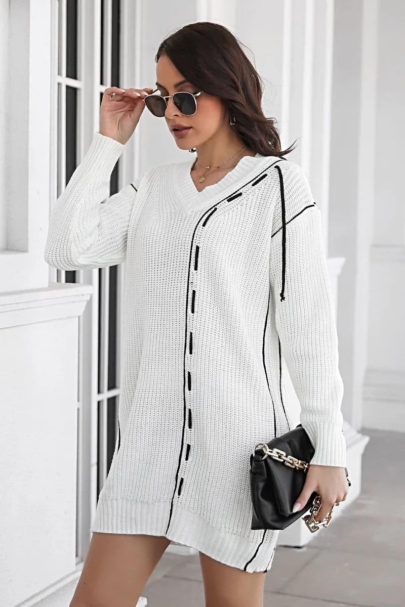 Elegante trui-jurk met V-hals en lange mouwen met ribbels - Casual minilengte, gemaakt van 100% acryl.