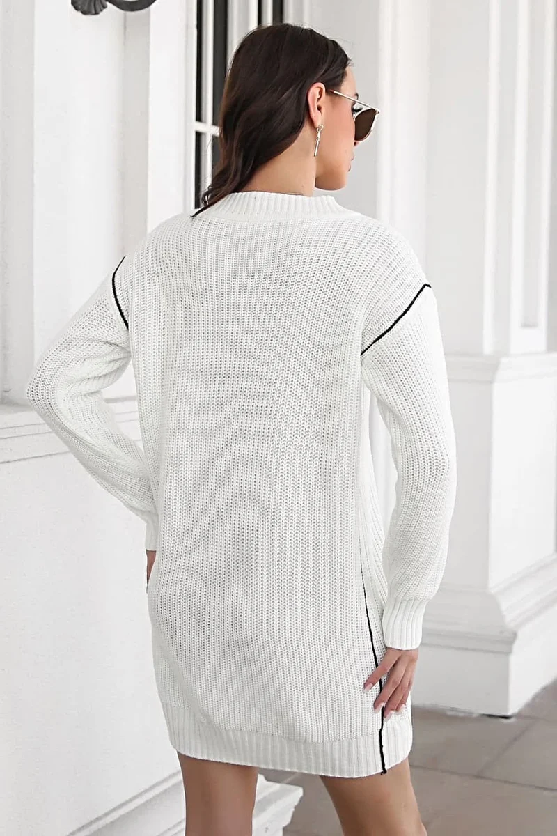 Elegante trui-jurk met V-hals en lange mouwen met ribbels - Casual minilengte, gemaakt van 100% acryl.