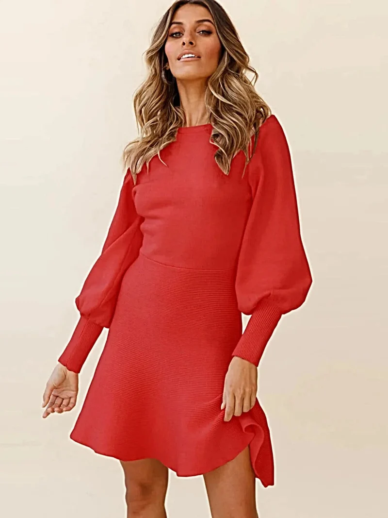 Elegante sweaterjurk met lantaarnmouwen en lichte stretch - chique ronde halslijn