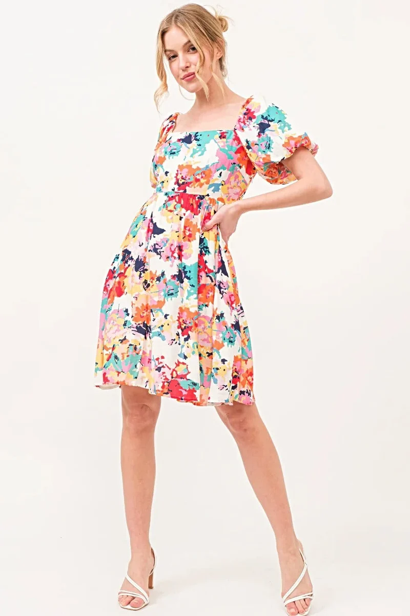 Jurk met bloemenprint, pofmouwen, vierkante halslijn en zakken - Trendy damesmode