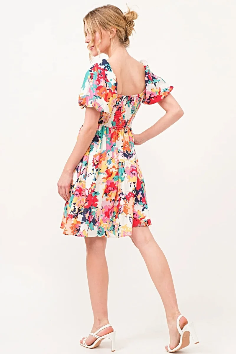 Jurk met bloemenprint, pofmouwen, vierkante halslijn en zakken - Trendy damesmode