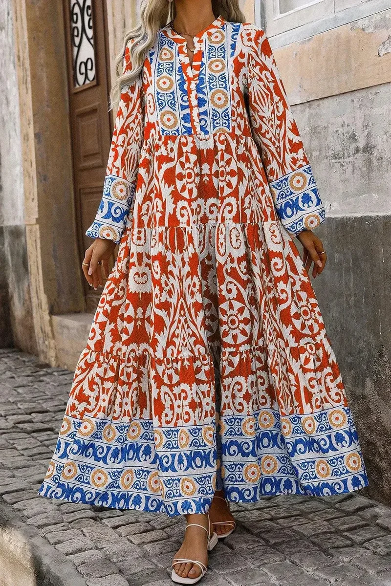 Elegante maxi-jurk met print en inkepingen in de mouwen - 100% polyester, ondoorzichtig, basic model