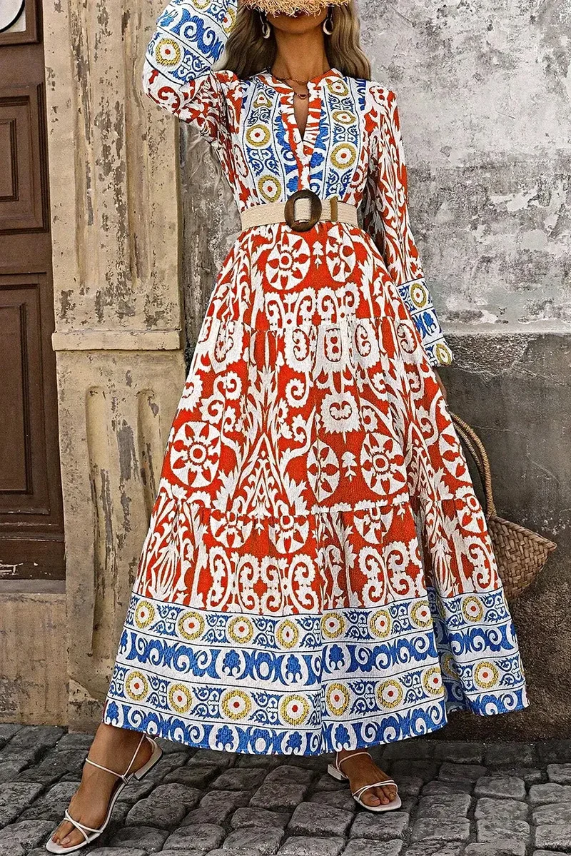 Elegante maxi-jurk met print en inkepingen in de mouwen - 100% polyester, ondoorzichtig, basic model