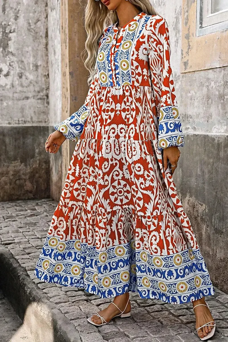 Elegante maxi-jurk met print en inkepingen in de mouwen - 100% polyester, ondoorzichtig, basic model