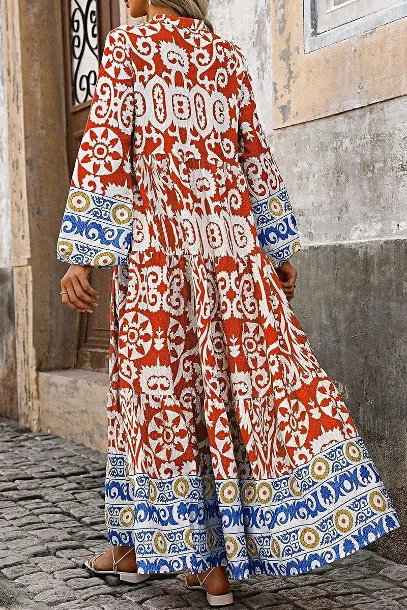 Elegante maxi-jurk met print en inkepingen in de mouwen - 100% polyester, ondoorzichtig, basic model