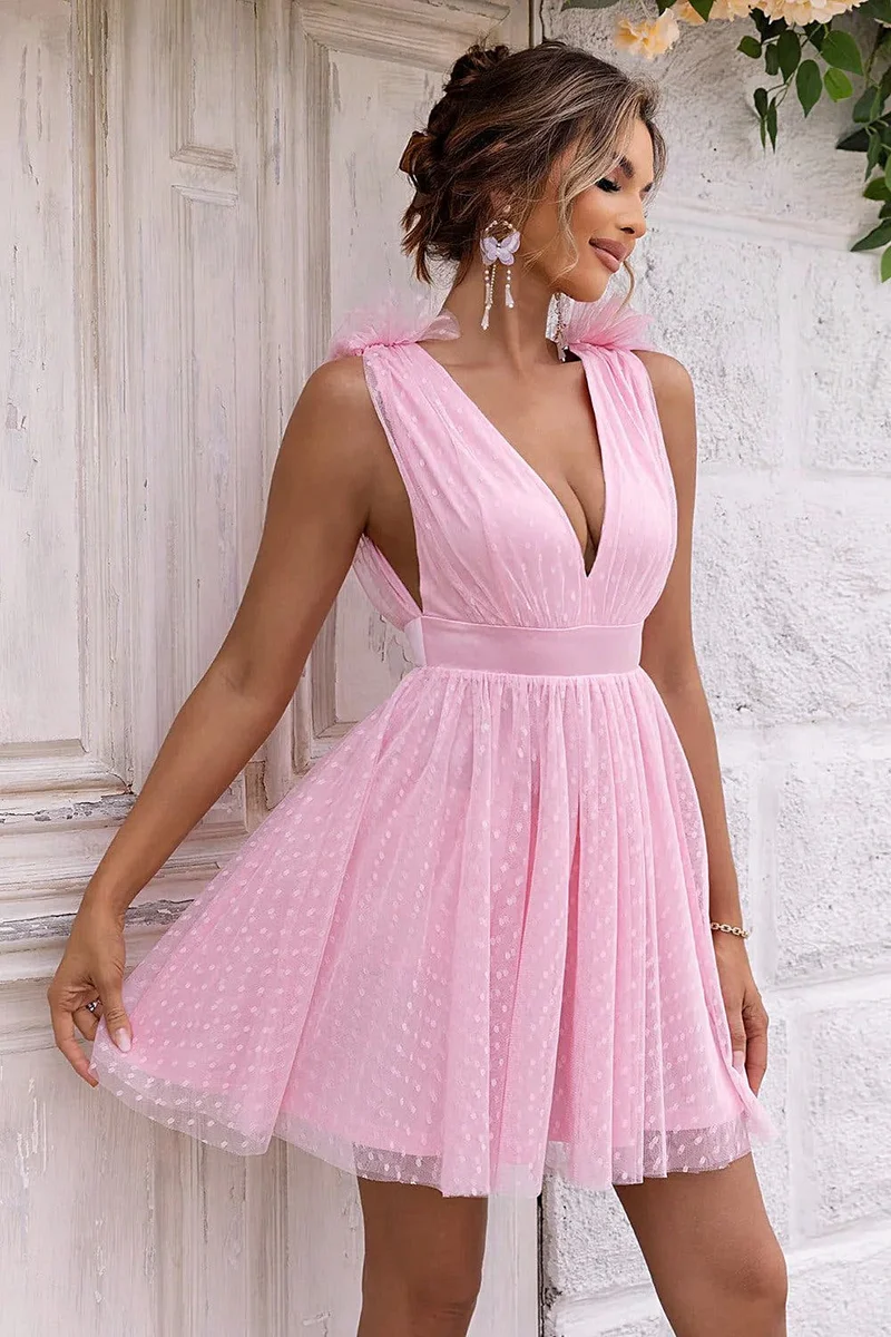 Elegante mouwloze meshjurk met open rug, kanten details en gevoerd lijfje - 100% polyester
