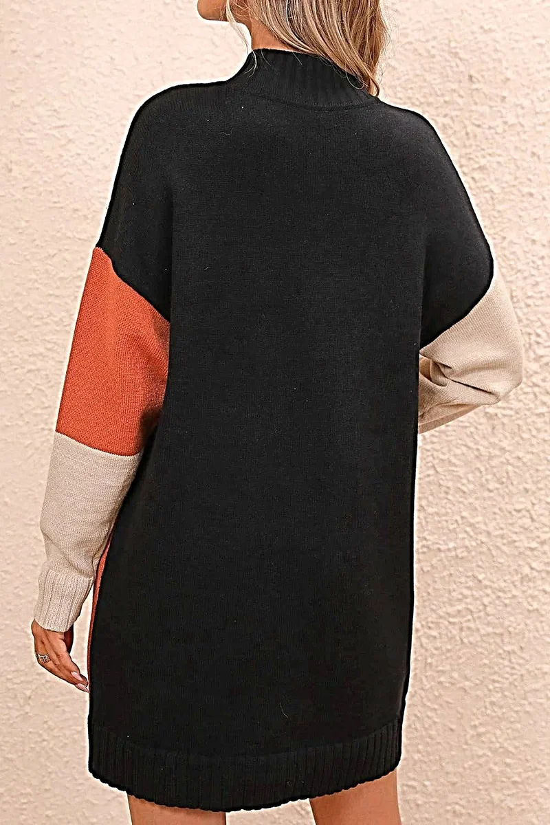 Stijlvolle sweaterjurk met kleurblokken, colkraag en verlaagde schouders - casual minilengte