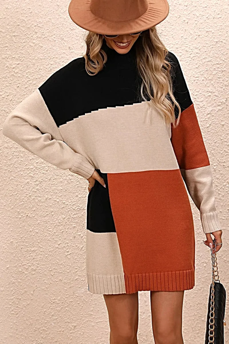 Stijlvolle sweaterjurk met kleurblokken, colkraag en verlaagde schouders - casual minilengte