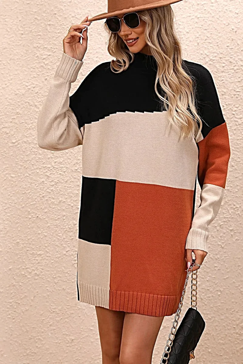 Stijlvolle sweaterjurk met kleurblokken, colkraag en verlaagde schouders - casual minilengte
