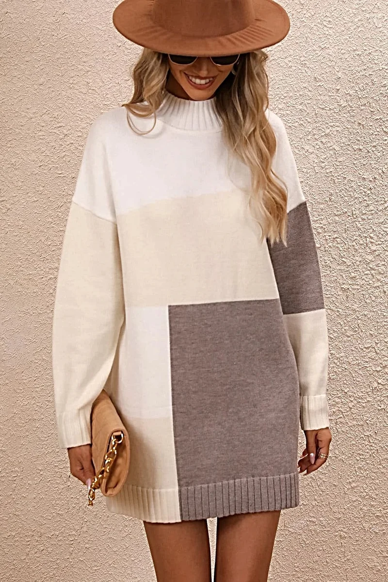 Stijlvolle sweaterjurk met kleurblokken, colkraag en verlaagde schouders - casual minilengte