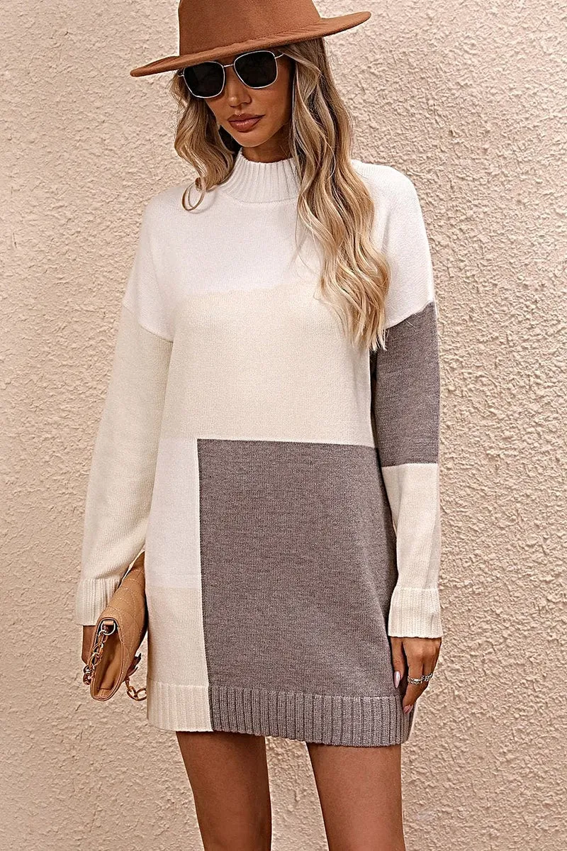 Stijlvolle sweaterjurk met kleurblokken, colkraag en verlaagde schouders - casual minilengte