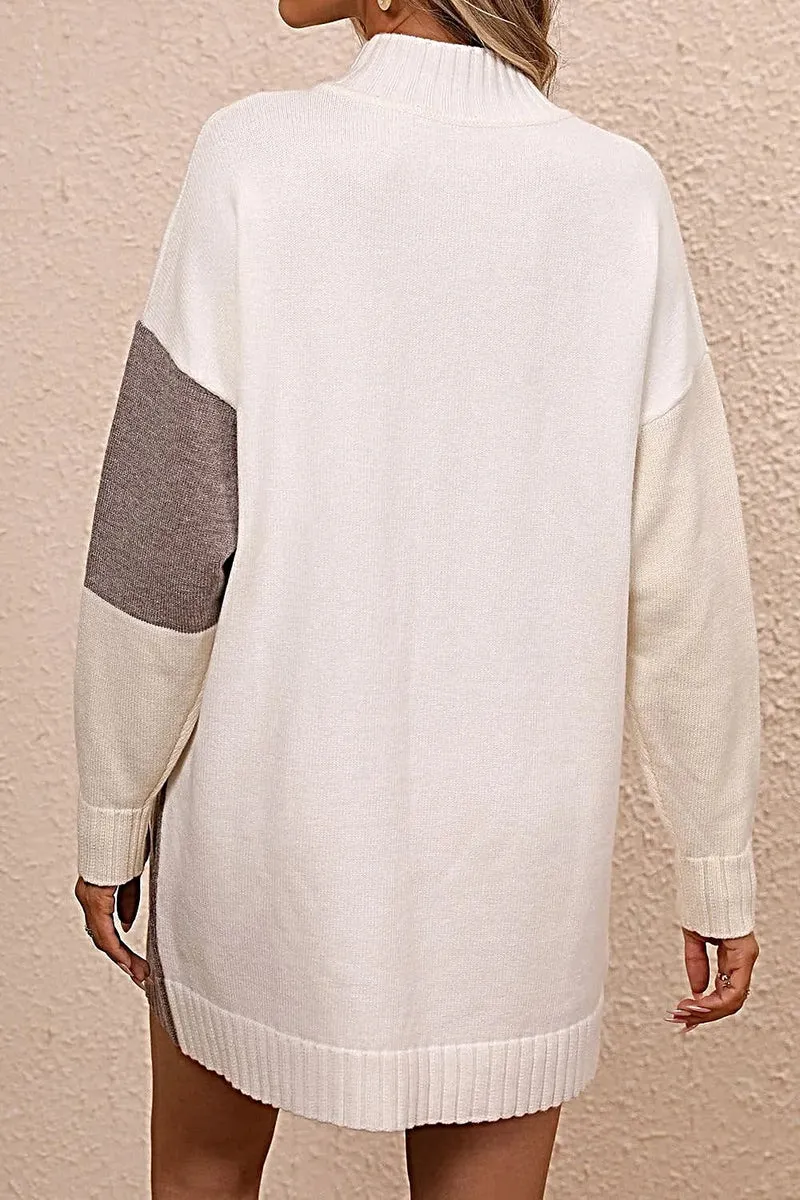 Stijlvolle sweaterjurk met kleurblokken, colkraag en verlaagde schouders - casual minilengte