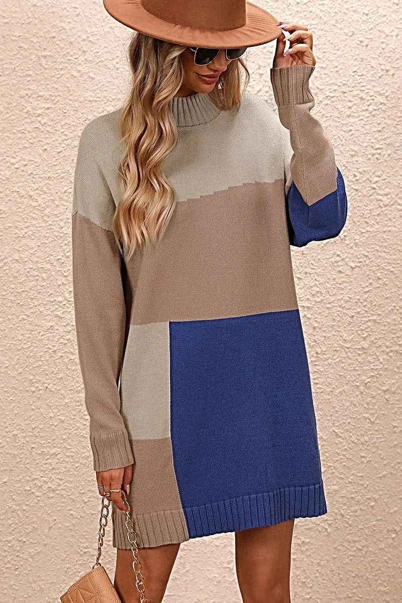 Stijlvolle sweaterjurk met kleurblokken, colkraag en verlaagde schouders - casual minilengte