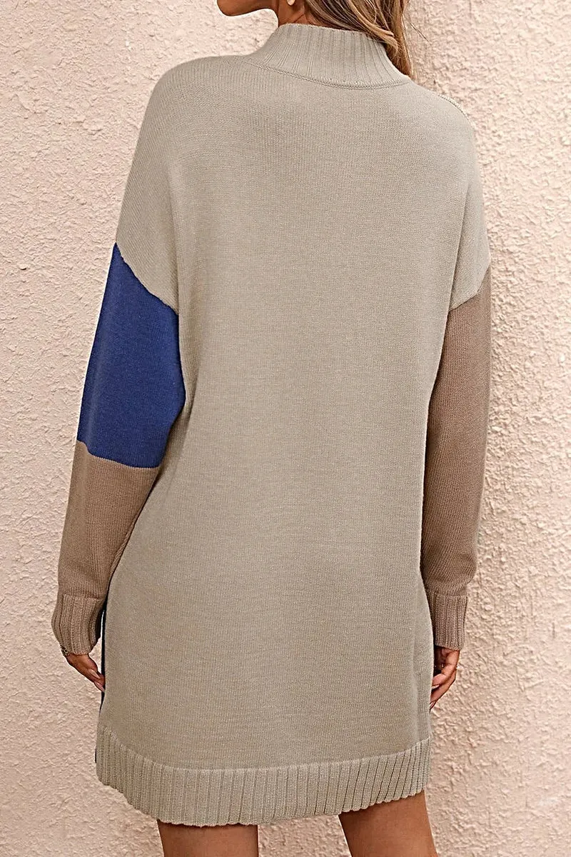 Stijlvolle sweaterjurk met kleurblokken, colkraag en verlaagde schouders - casual minilengte