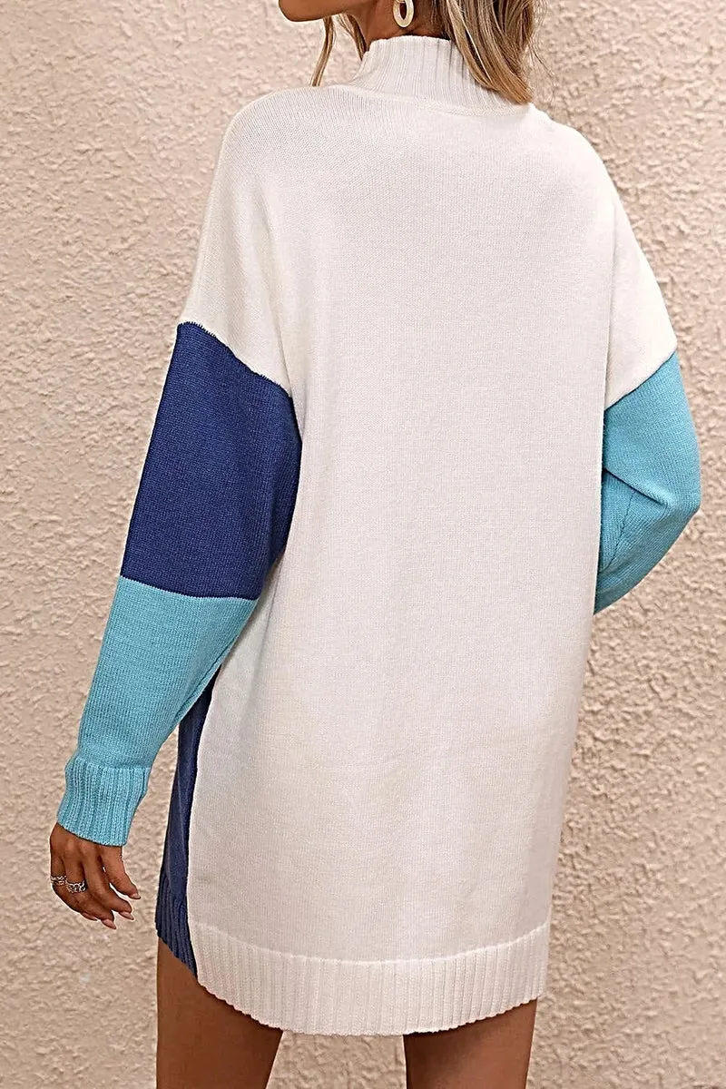 Stijlvolle sweaterjurk met kleurblokken, colkraag en verlaagde schouders - casual minilengte