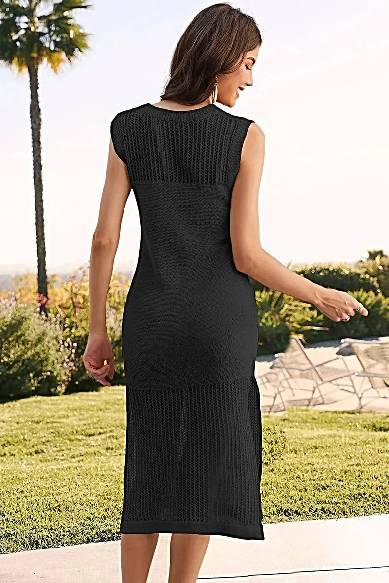 Elegante mouwloze sweaterjurk met split, ronde hals en opengewerkt design - 100% viscose